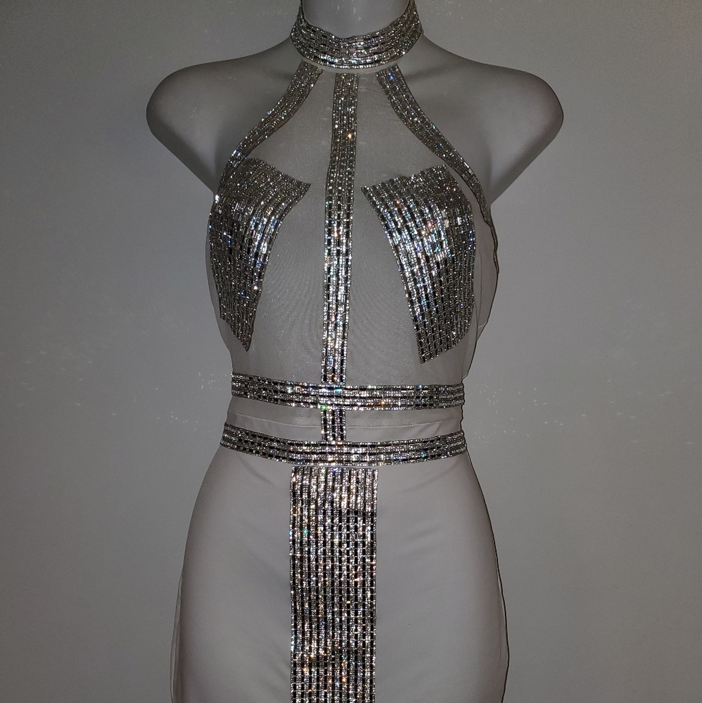 Sheer crystal bejeweled mini dress